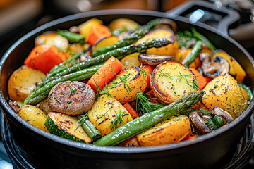 Colorful roasted vegetable medley in a skillet
