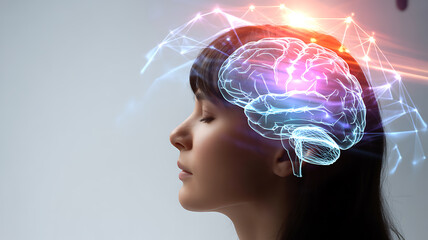 Woman profile with glowing brain and neural network head