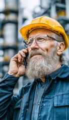 Construction worker with a yellow safety helmet communicating on a mobile phone at a work site