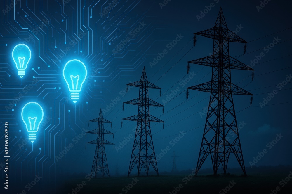 Poster renewable energy data center. power lines with glowing light bulbs and circuit patterns, symbolizing
