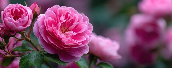 Obraz premium Rugosa rose echo in floral tempo concept. Beautiful pink roses blooming in a lush garden setting.