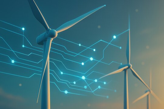Renewable energy data center. Futuristic wind turbines with digital connections representing clean energy technology.