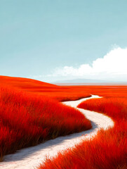 Serene red grassland landscape with a winding white path under a bright blue sky
