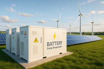 Naklejka na ściany i meble Renewable energy data center. Battery energy storage system with solar panels and wind turbines in a green field.