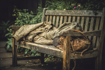 Man resting on a weathered wooden park bench surrounded by lush greenery