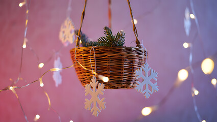 Woven basket with pine sprigs and snowflakes adorned by fairy lights image