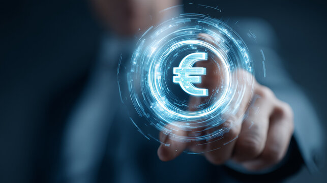 businessman touching euro holograph. digital currency cbdc transfer. dark background