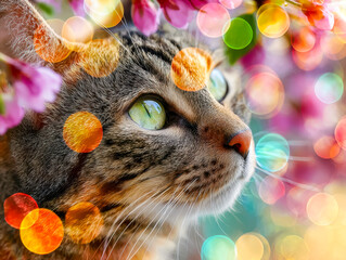 Enchanting cat amidst colorful bokeh lights and blossoms