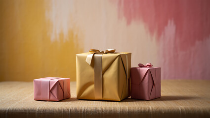 Wrapped gifts with ribbons on textured surface presents
