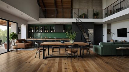 Open-plan modern loft with dark wood floors, green accents, and a large dining table