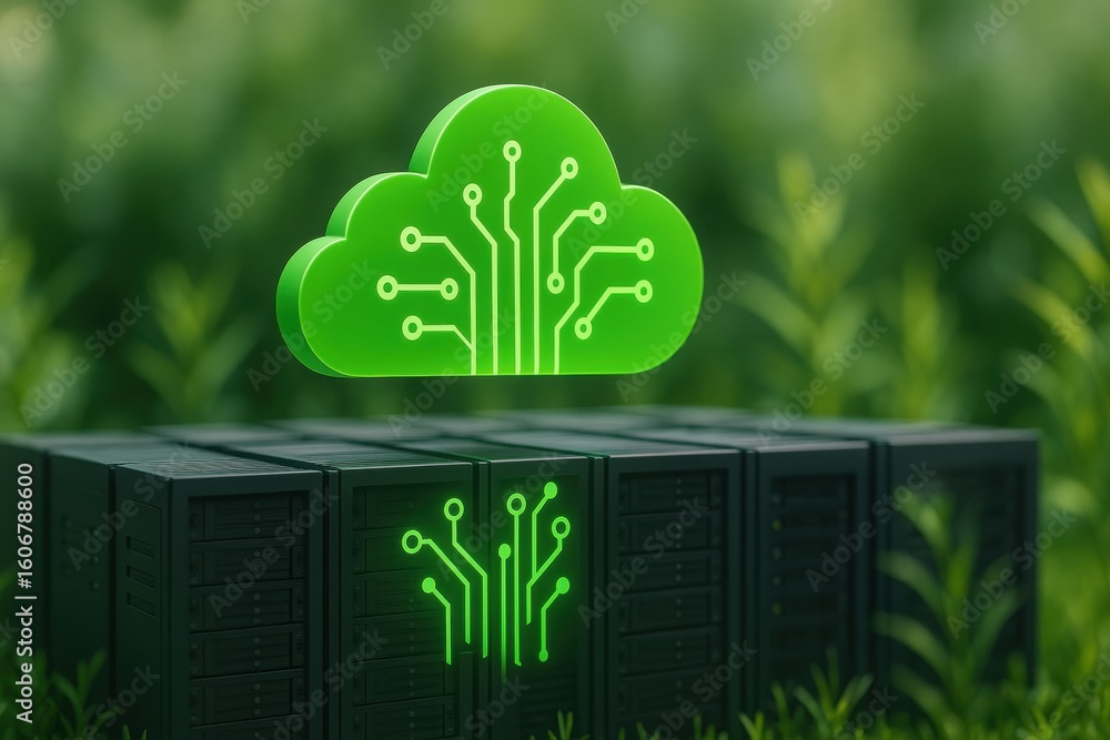 Poster renewable energy data center. green cloud computing concept with server racks and circuit design in 