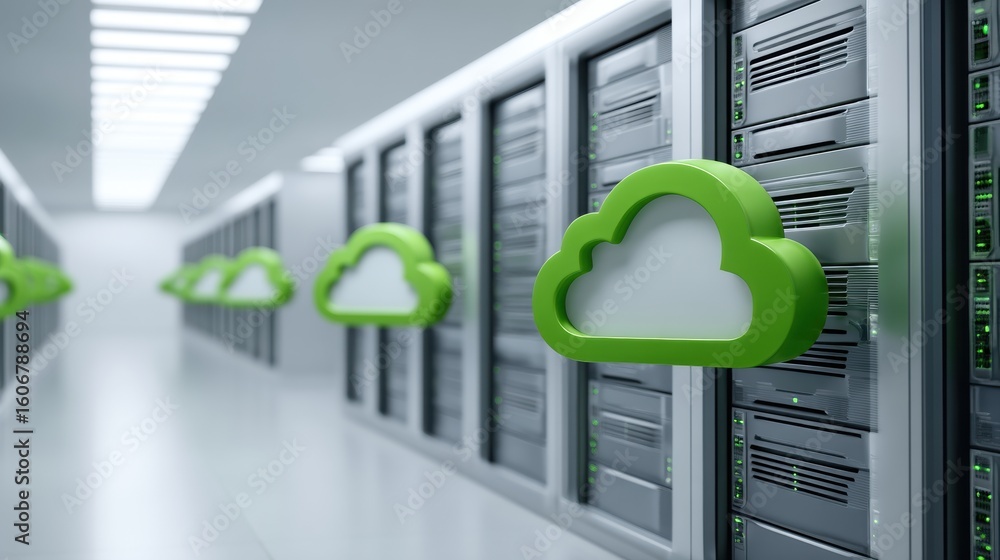 Poster renewable energy data center. modern data center with green cloud symbols representing cloud computi