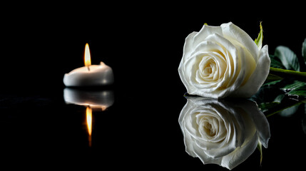 Serene white rose and candle reflection on a dark surface