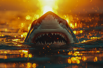 Fierce Great White Shark Emerging from the Water at Sunset