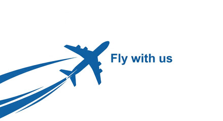 Blue airplane silhouette in flight, leaving a trail, against white background, symbolizing travel, journey, freedom, and speed, ideal for airline or travel agency advertisement