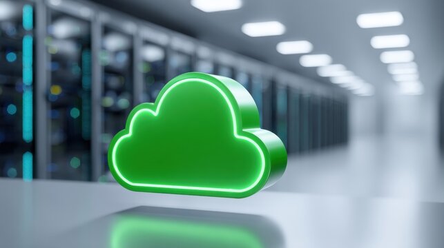 Renewable energy data center. Green cloud symbol in a modern data center with glowing lights in the background.