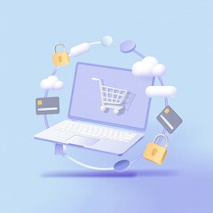 Modern laptop displaying online shopping cart surrounded by digital commerce icons and clouds