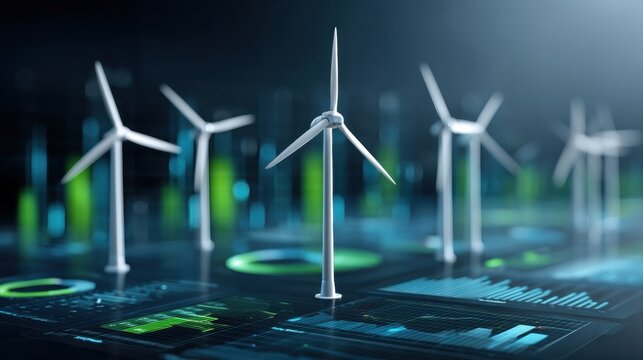 Renewable energy data center. Futuristic wind turbines on a digital interface representing renewable energy technology.