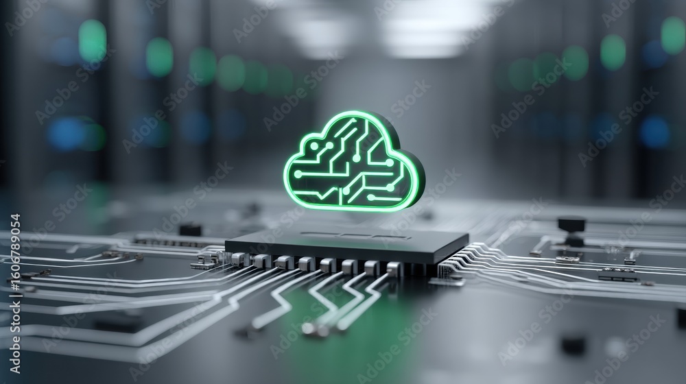 Poster renewable energy data center. cloud technology with circuit patterns on a microchip in a digital env