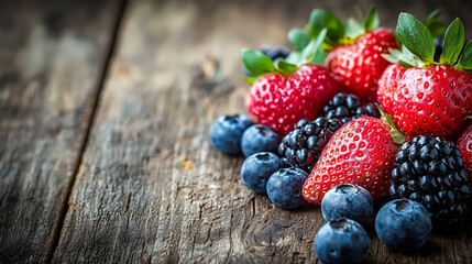 Fresh mixed berries on rustic wooden surface