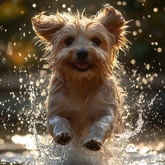 Happy wet dog running through water making big splashes in the sunlight photo