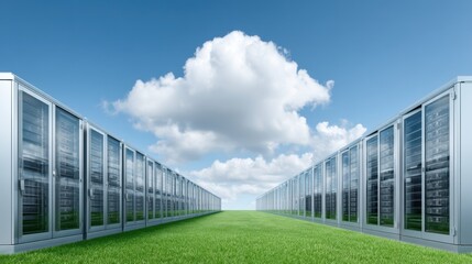 Fototapeta premium Renewable energy data center. Modern data center with rows of servers under a blue sky and cloud.