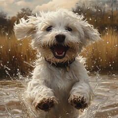 Happy white dog having fun playing in the water photo capturing joyful moment outdoors