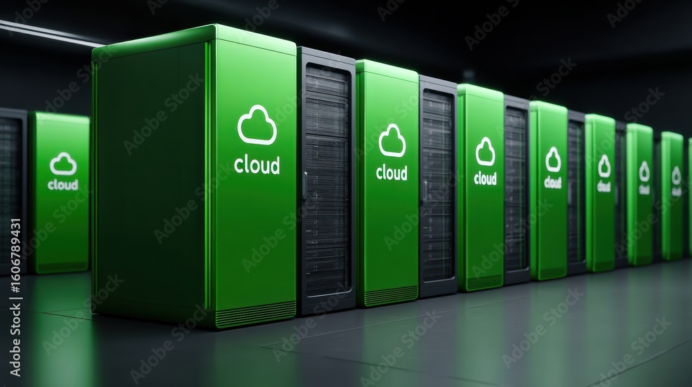 Poster renewable energy data center. green cloud servers in a modern data center setup showcasing technolog
