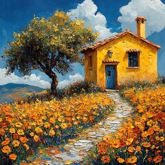 Idyllic landscape of a charming yellow cottage surrounded by vibrant wildflowers photo