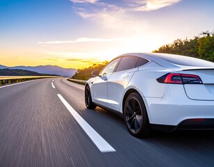 Fototapeta premium Sleek Electric Car Speeding on Highway at Dusk – Dynamic Motion Blur Photorealistic Scene