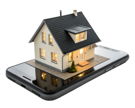 Miniature house model placed on top of a smartphone with lit windows and a black background around it