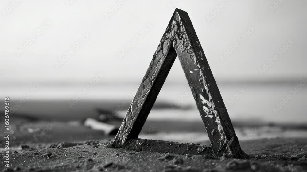 Poster a triangle shape on a sandy beach with calm waters in the background