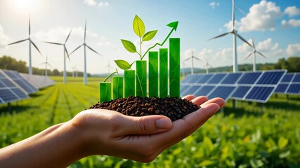 Green growth bar chart with leaves in soil held in hands with solar panels and wind turbines in background. Concept of sustainable development - Powered by Adobe