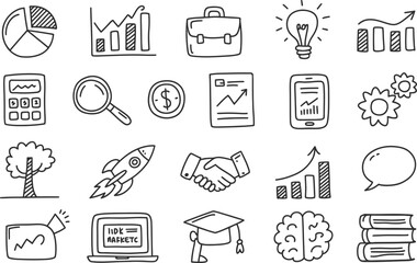 Hand-drawn Business and Finance Icons in Black and White