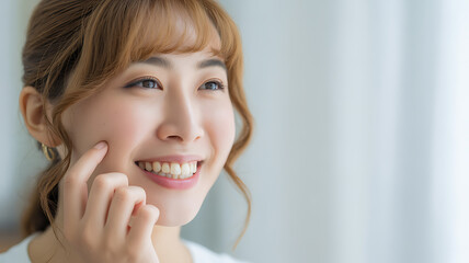 Young woman smiling with finger on cheek happy healthy teeth