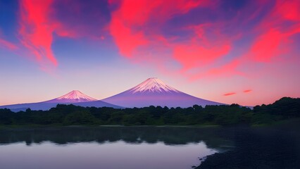 An iconic view of Japan's Mount Fuji, its snow-capped peak mirrored in a tranquil lake, surrounded by stunning autumn foliage and delicate cherry blossoms