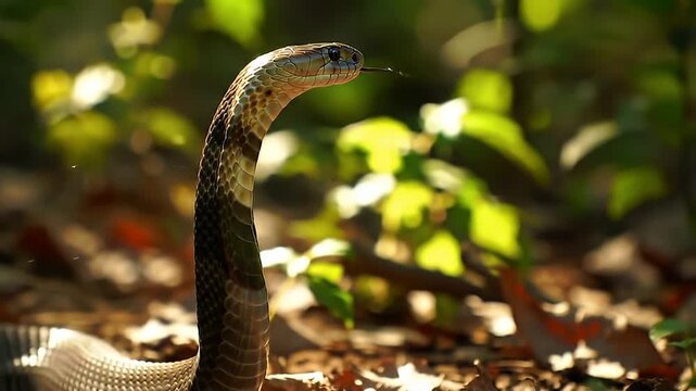 King Cobra Rising in Sunlight &ndash; Jungle Predator Alert and Upright
