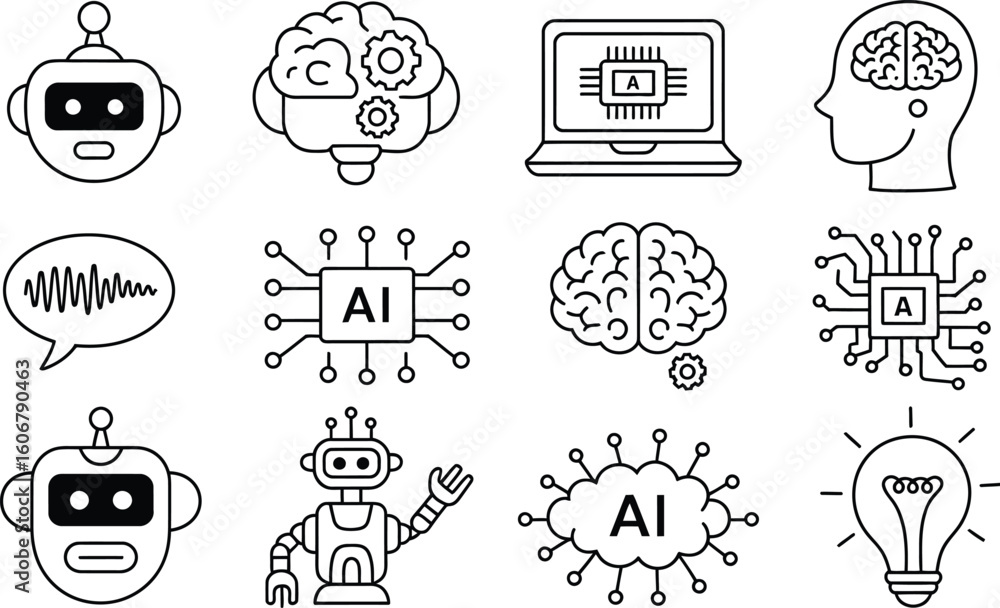 Poster artificial intelligence icons: robots brains circuit boards and lightbulb