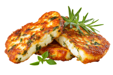 Savory potato fritters garnished with fresh rosemary, isolated on transparent background on transparent background