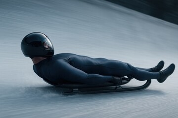 Male luge athlete sliding at high speed on icy track during race. Concept of winter speed sport, control, cold precision, male athleticism, frozen adrenaline.