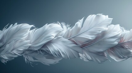 Naklejka premium Woven white feathers floating against a graduated teal backdrop, soft and airy