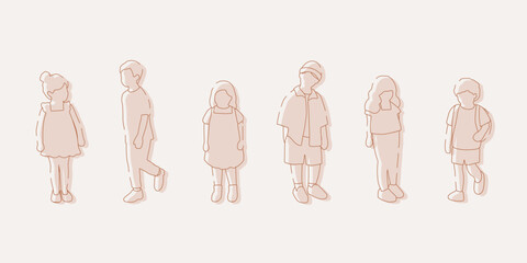 flat minimal children male and female vector illustration in spring summer clothing concept isolated set collection. Outline with silhouette shadow. For architecture, design, info graphic, media