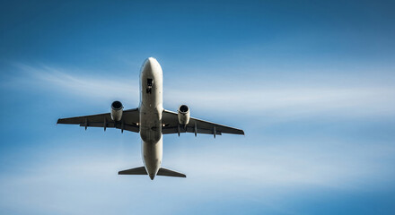 Low-angle view of airplane against blue sky, showcasing travel, journey, and freedom concepts