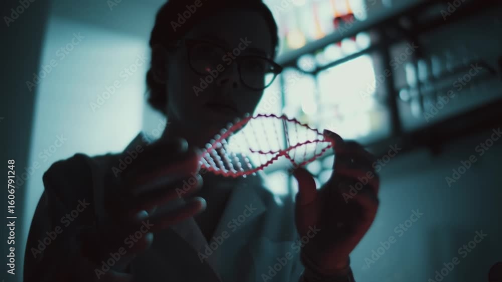 Poster exploring the intricacies of dna structure with vibrant light effects in a laboratory setting