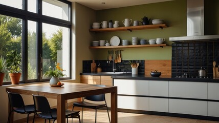 Bright, modern kitchen with wooden accents and greenery