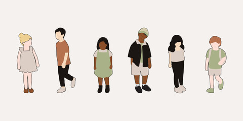 flat minimal children male and female vector illustration in spring summer clothing with outline concept isolated set collection. For architecture rendering, graphic design, info graphic, media