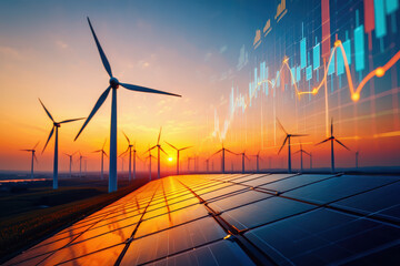Wind turbines and solar panels at sunset with overlaid stock market graph display showing energy trends