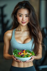 Healthy asian young woman eating vegetables, green salad in gym. Fitness and healthy eating concept