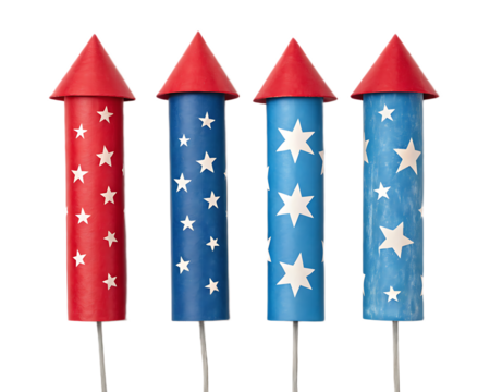 A row of patriotic rockets with red tips and white stars against a black background for celebration