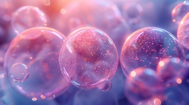 Translucent spheres hover, filled with tiny sparkling particles, in a soft, dreamy light